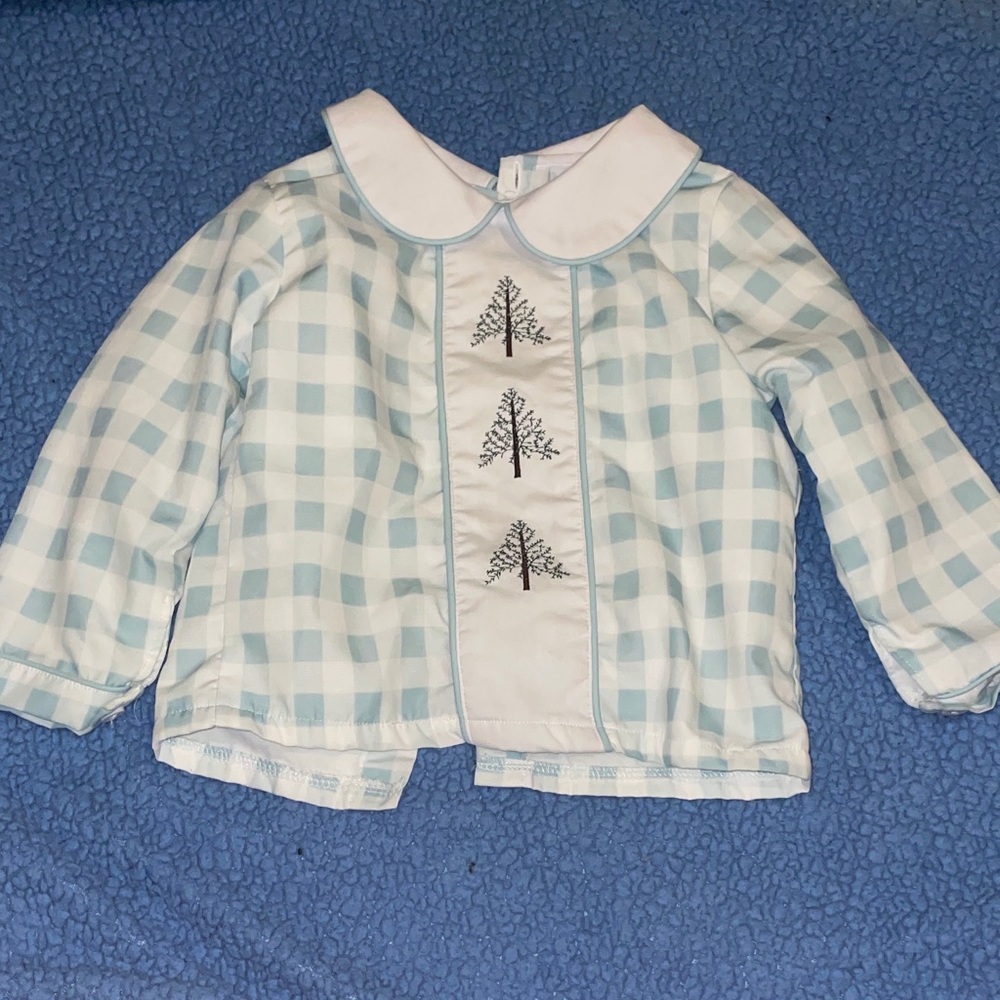 Blue Checkered Kids Shirt with Tree Embroidery